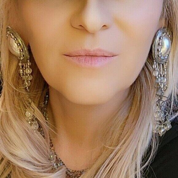 Vintage 70’s Outstanding Rare Silver Tone Pearl Tassel Clip-On Earrings - Unique - Picture 1 of 14